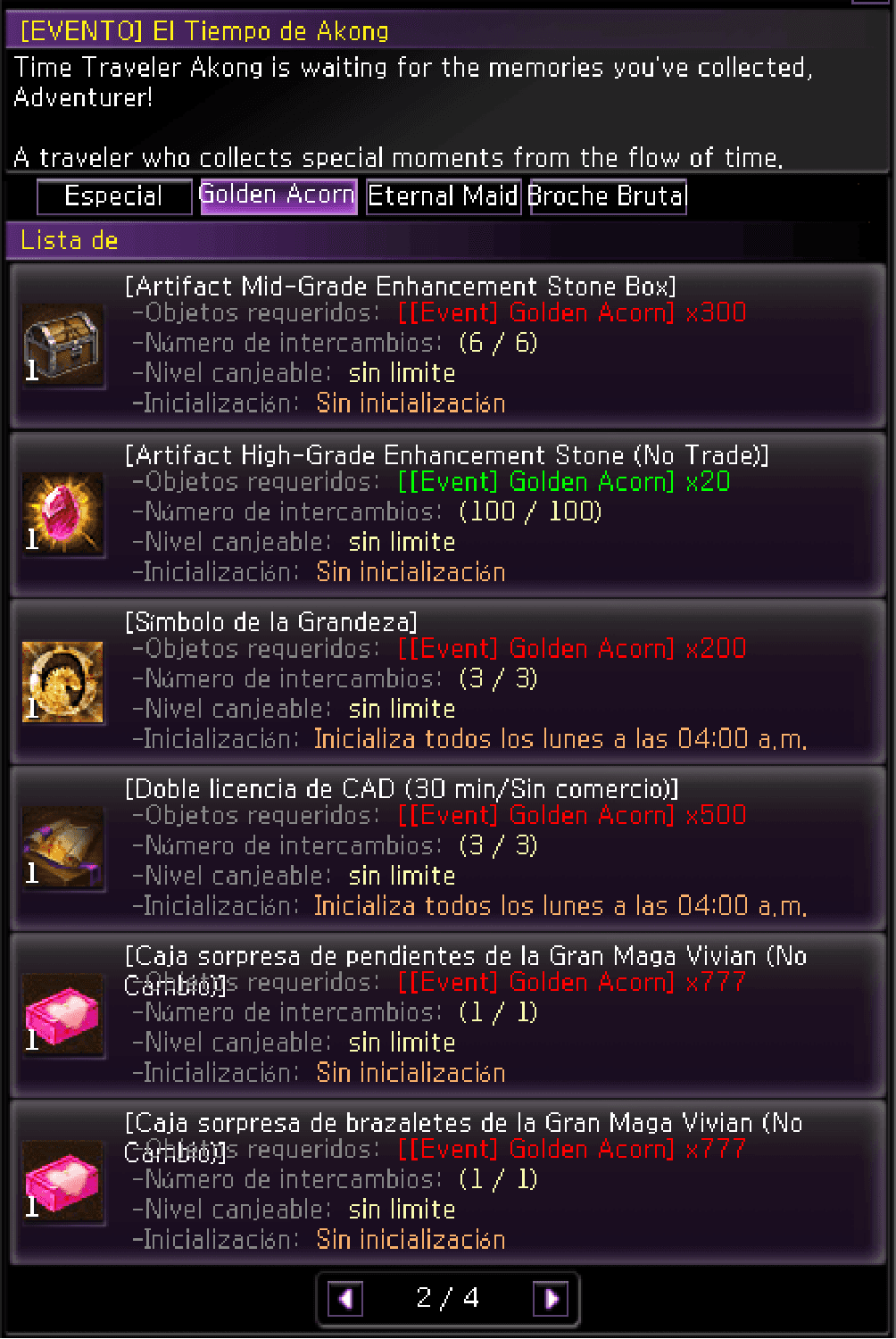 NPC Time Traveler Akong — pestaña Golden Acorn — catálogo 2/4