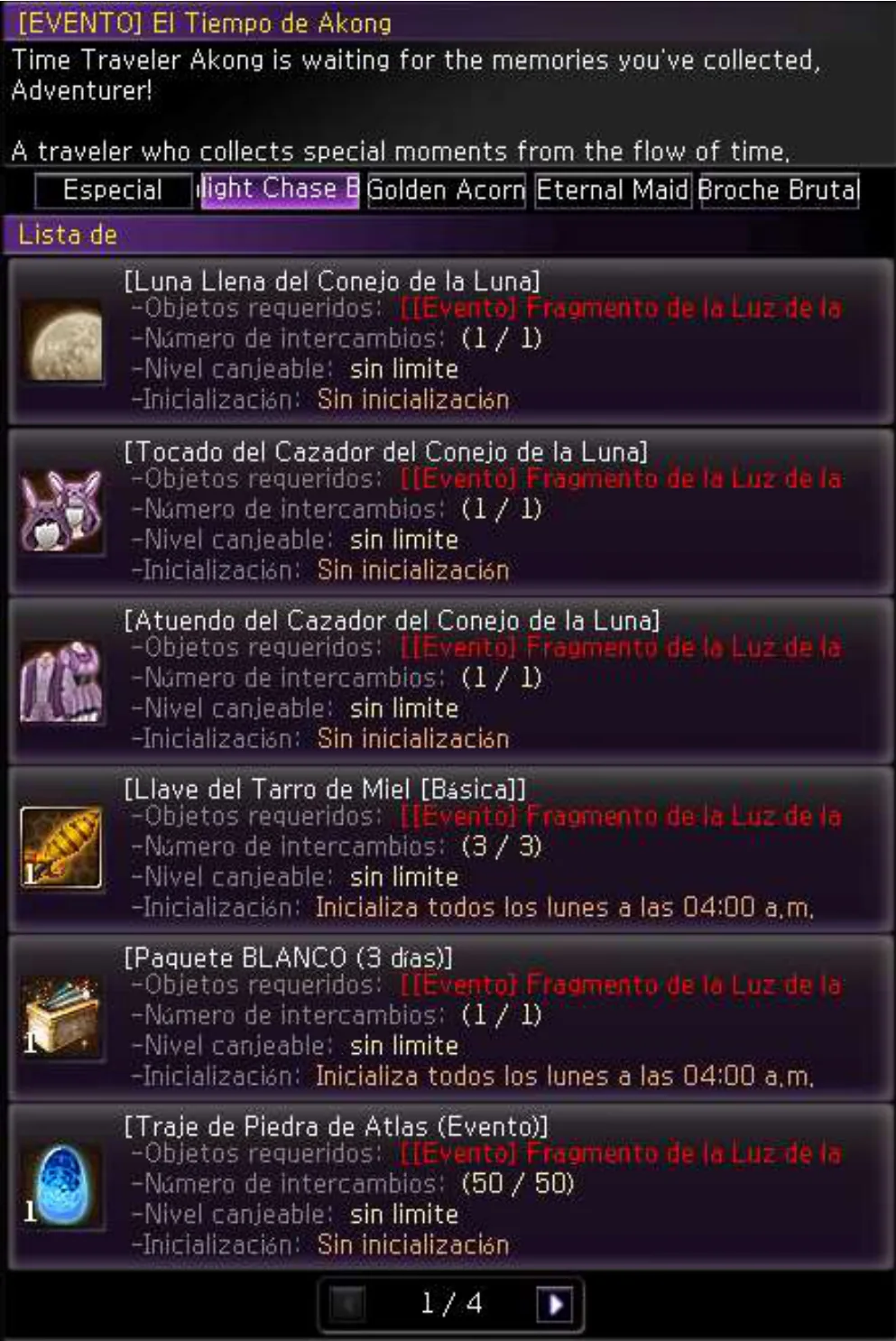 NPC Time Traveler Akong — pestaña Fragmento de la Luz de la Luna — catálogo 1/4