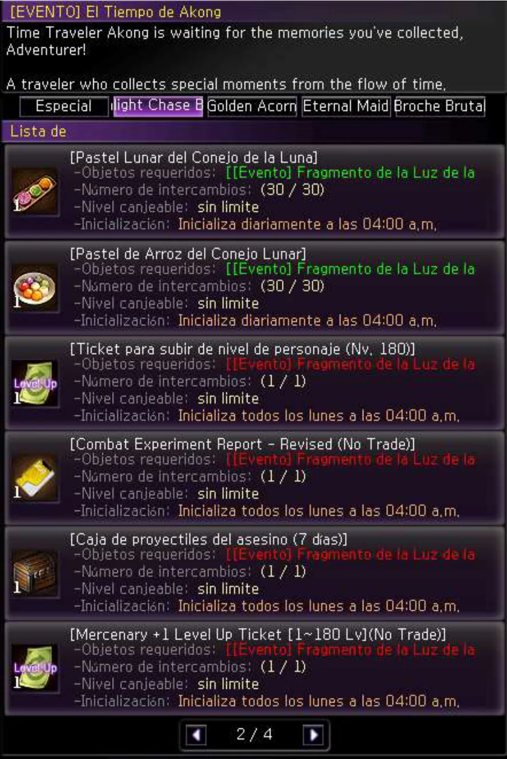 NPC Time Traveler Akong — pestaña Fragmento de la Luz de la Luna — catálogo 2/4