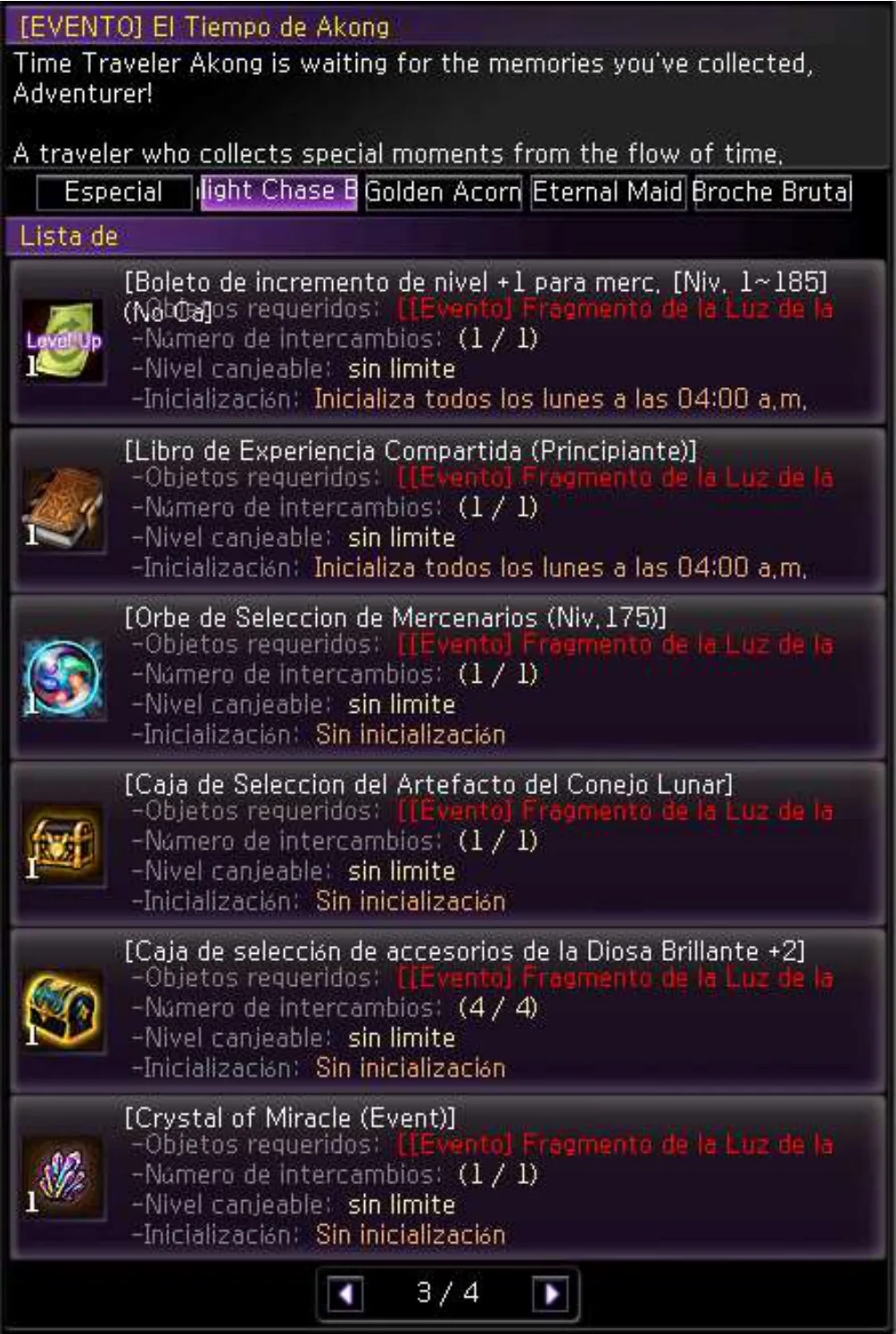 NPC Time Traveler Akong — pestaña Fragmento de la Luz de la Luna — catálogo 3/4