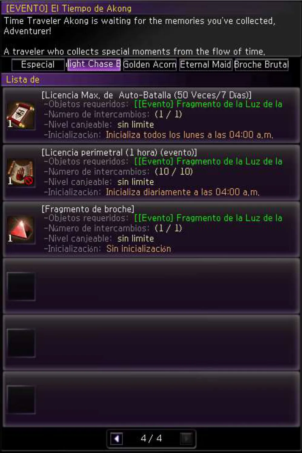 NPC Time Traveler Akong — pestaña Fragmento de la Luz de la Luna — catálogo 4/4