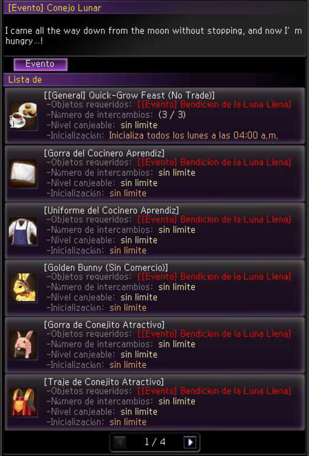 NPC Conejo Lunar — pestaña Bendición de la Luna Llena — catálogo 1/4