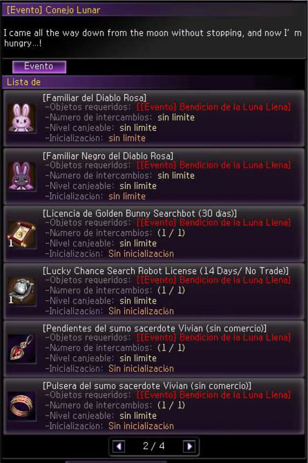 NPC Conejo Lunar — pestaña Bendición de la Luna Llena — catálogo 2/4