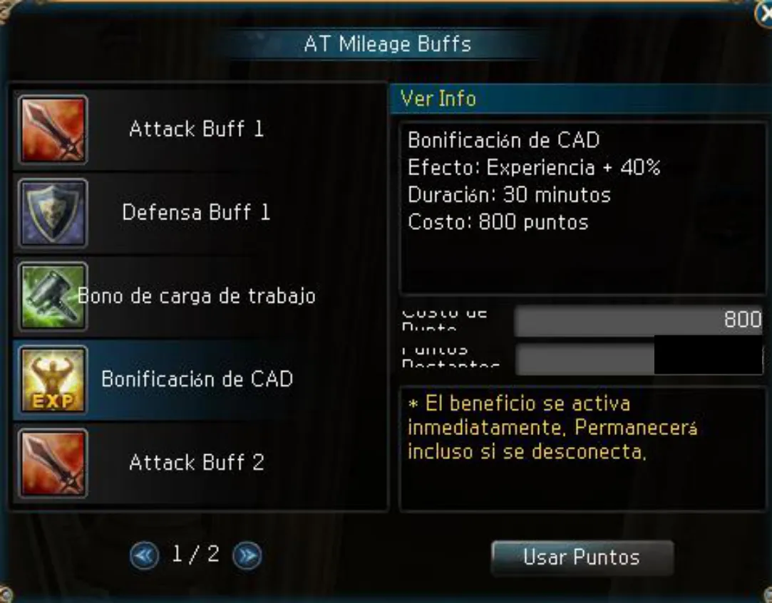 AT Mileage Buffs — Bonificación de CAD, +40% Exp por 30 min