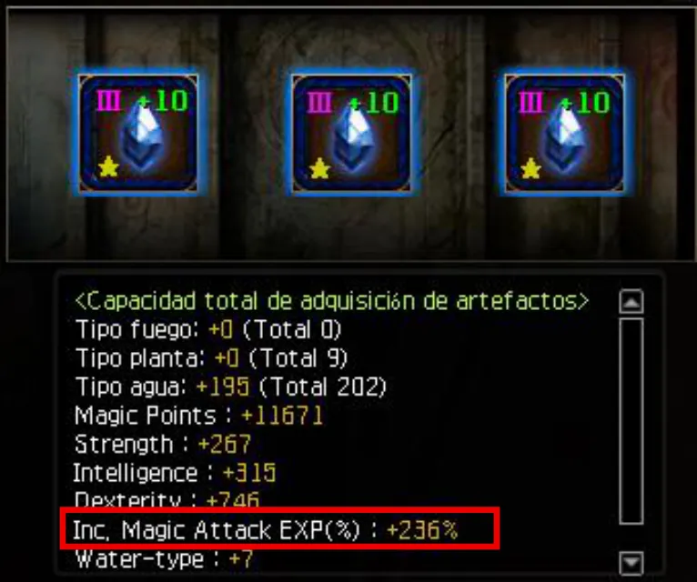 3 artefactos +10 clase III equipados — 236% Inc. Magic Attack EXP
