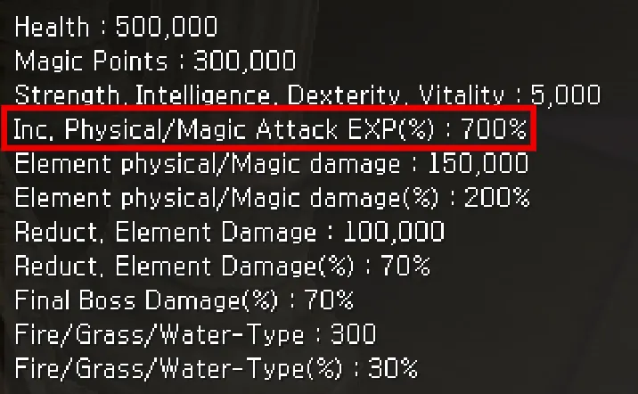 Tope máximo — 700% Inc. Physical/Magic Attack EXP