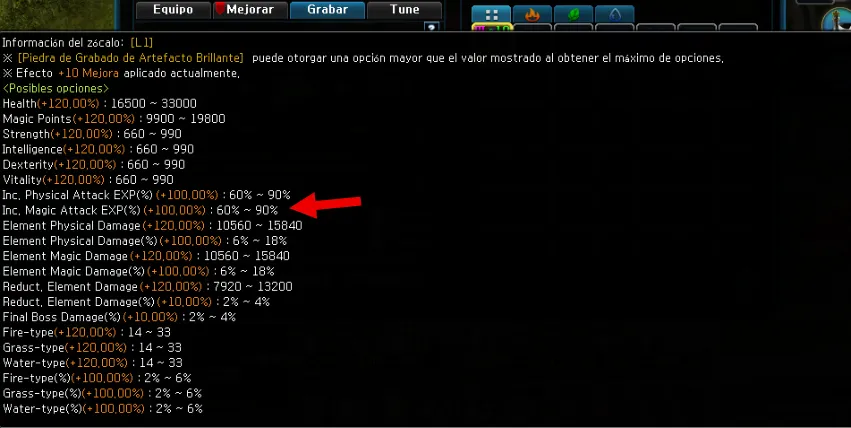 Artefacto Clase 3 — stats socket L1 (máx 90% Exp Daño Mágico %)