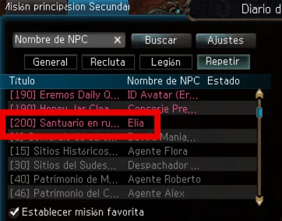 NPC Elia — misión Santuario en Ruinas